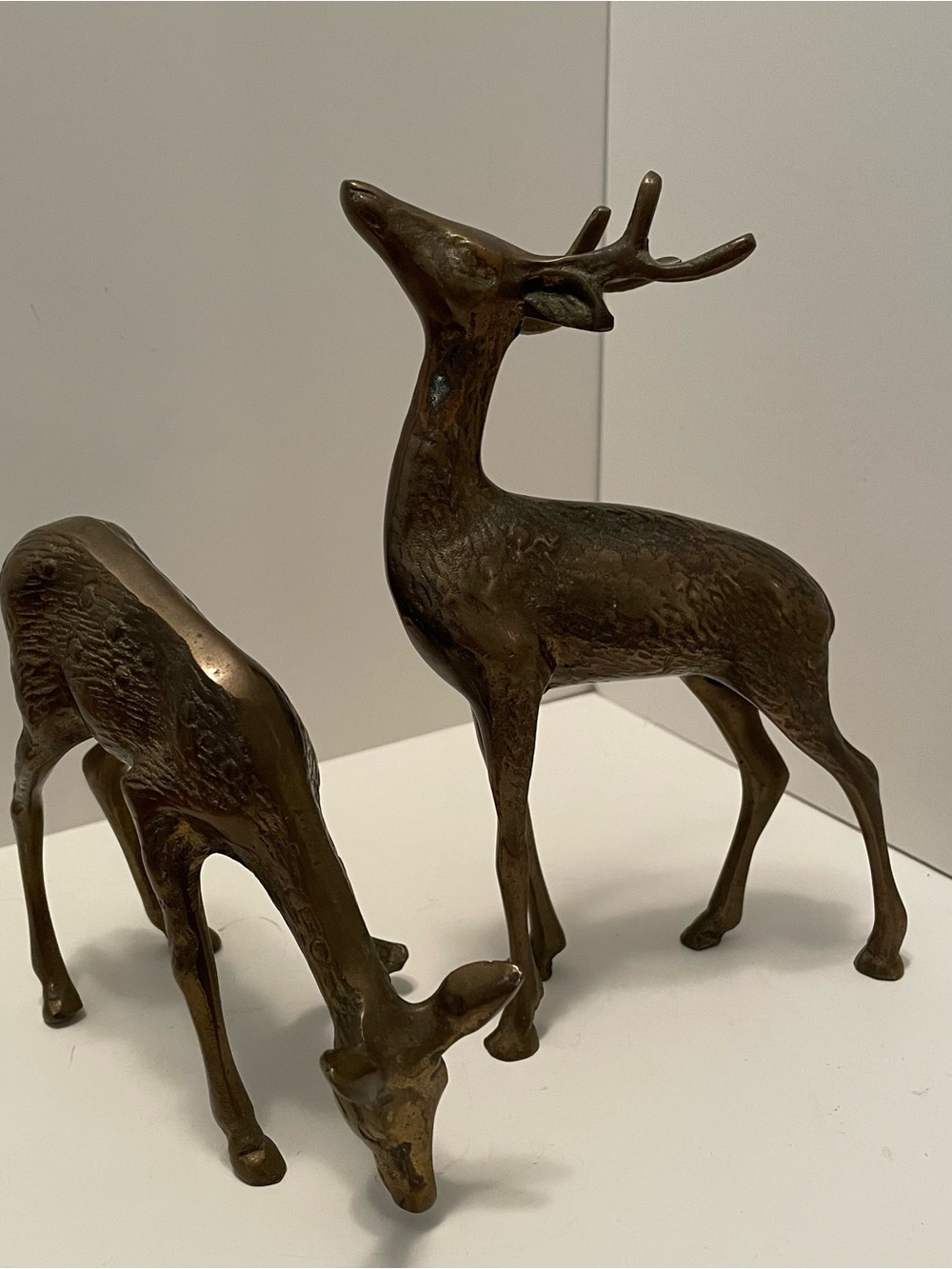 Vintage MCM Spotted Solid Brass Deer Pair Buck And Doe Patina
